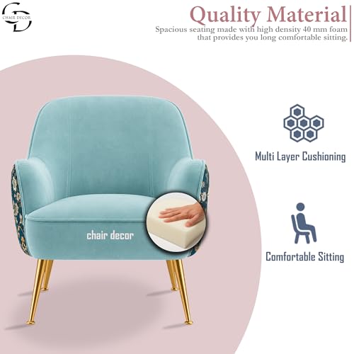 Image of Accent Chair with Ottoman | Modern Velvet Lounge Chair with Floral Designer Back | Upholstered Armchair for Living Room, Bedroom & Cafe | Golden Legs