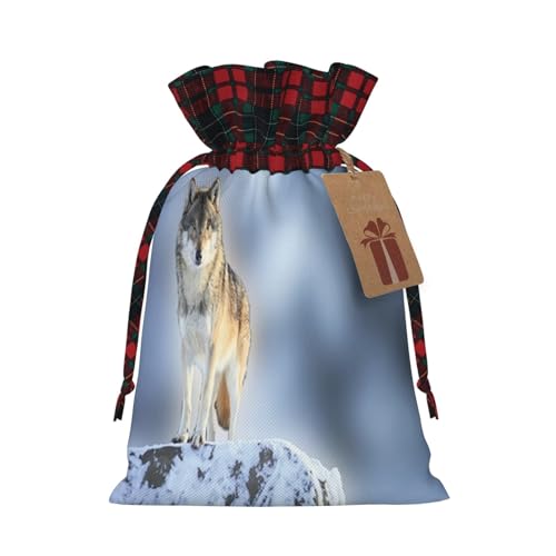 Fubido Wolf Pattern,Christmas Gift Bags with Drawstring,Carnivore Animal in Snow Mountains,Reusable Xmas Favor Bags Holiday Wrapping Biscuit Presents,Blue Grey,M