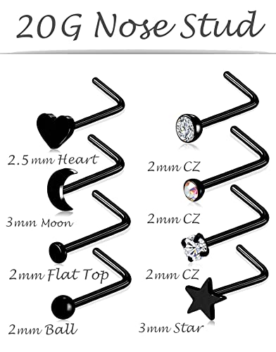 Tornito 20G 36Pcs Stainless Steel L Bone Screw Shaped Nose Ring Cz Nose Stud Retainer Labret Nose Piercing Jewelry For Women Men Black Tone #TOP1