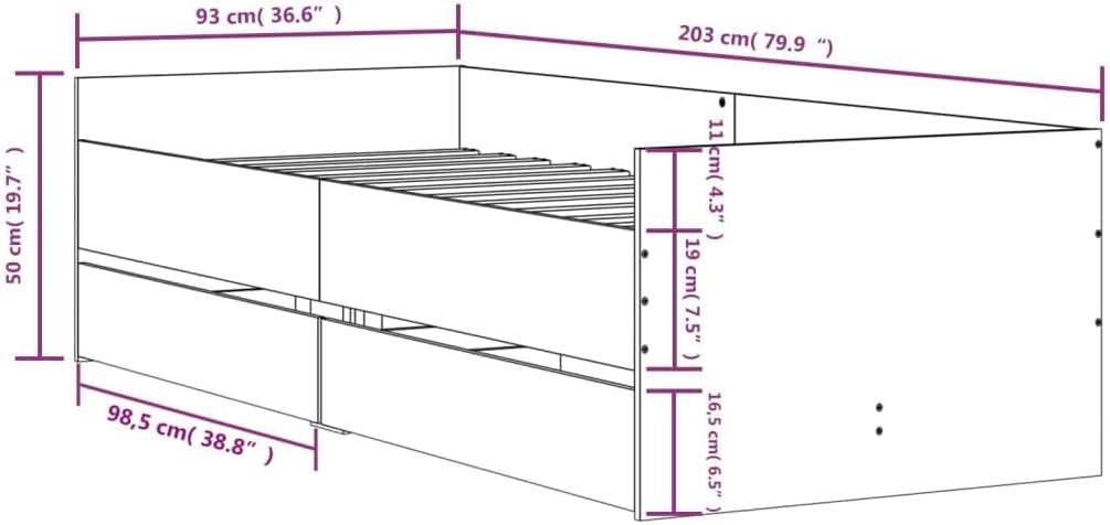 Dimensional diagram of the bed frame