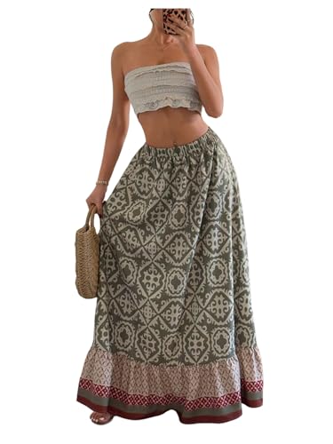 Women's Boho Printed Maxi Skirt Tribal Ruffle Elastic High Waist A Line Flowy Summer Skirts