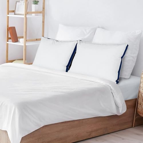 Image of Microfiber Pillow | Gusset Pillow for Sleeping | Luxury Hotel Quality Pillows | with White Micro Peach Fabric & Navy Blue Patti | Size 17 X 27 inches | Set of 2 Peice