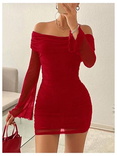 Image of GORGLITTER Women's Off The Shoulder Mesh Mini Dress Long Sleeve Y2K Sexy Ruched Bodycon Birthday Club Party Dresses