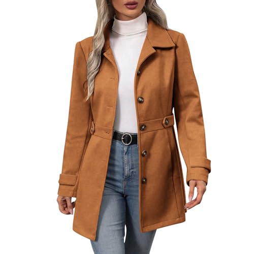 Image of Womens Elegant Single Breasted Coat Winter Wool Blend Classic Outwear Overcoat with Pockets Slim Fit Dress Pea Coat