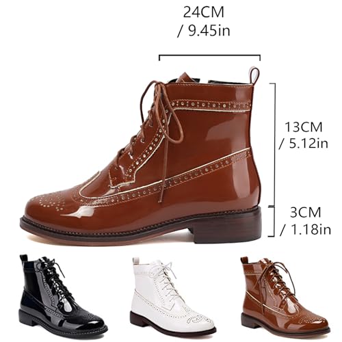 Women's Patent Leather Wingtip Brogue Combat Boots - Chunky Low Heel Lace-Up Oxford Boots Round Toe Hollow Out Design Comfortable Fashion Footwear3