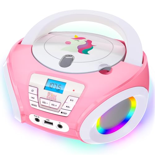 TinyGeeks Tunes Kids Boombox CD Player for Children - FM Radio - Includes Batteries - Rose Radio - CD Player with Speakers for Children and Toddlers - Rose