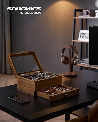 SONGMICS 8-Slot Watch Box, 2-Tier Watch Display Case with Large Glass Lid, Removable Watch Pillows, Velvet Lining, Jewelry Box, Gift Idea, Rustic Walnut UJOW008K012