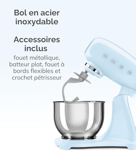 Smeg, Robot Pâtissier SMF03RDEU, 10 Niveaux de Vitesse, Fonction Mise en Marche Progressive, Bol 4,8 L, Verrouillage Moteur de Sécurité, 3 Batteurs, Crochet et Couvercle Fournis, 800W, Rouge