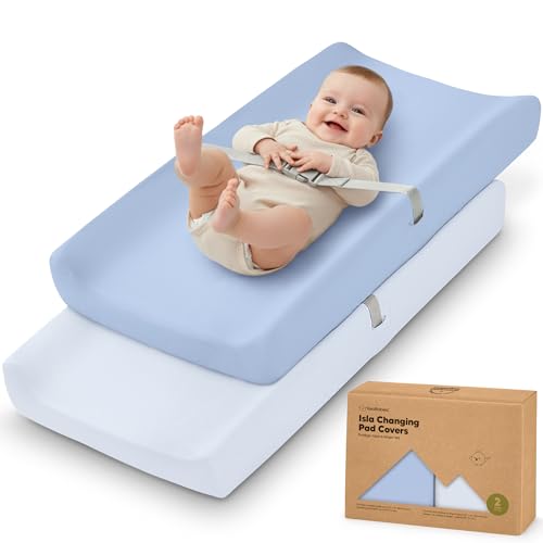 Image of 2-Pack Baby Changing Pad Cover for Girl, Boy - 34x18 Soft Viscose Derived from Bamboo Baby Diaper Changing Table Pad Cover Sheets, Neutral, Snug Fit Nursery Diaper Change Sheets (Blue Flax)