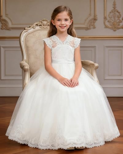 YALLET Flower Girl Dress Satin Sleeveless Back V-Neck Girls Formal Dress Lace Tulle Girls Ball Gown with Bow for Wedding Prom - Image 5