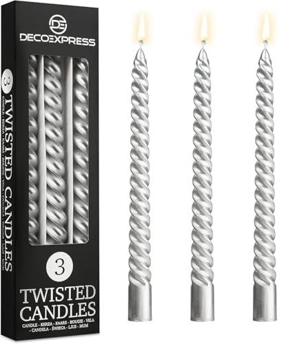 DECO EXPRESS Candele Lunghe Spirale, Set da 3 Candele Antigoccia Contorte, Lunga Durata, Non Profumato per Decorazione Casa, San Valentino, Festa della Mamma (Argento, Set da 3)