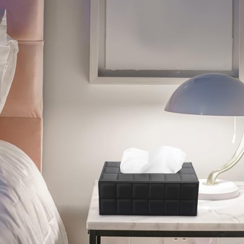 Image of Sumnacon Rectangular Leather Tissue Box Cover - Stylish Tissue Box Holder with Magnetic Bottom, Decorative PU Tissue Box for Vanity Dresser Night Stand Table Countertop Home Office Car,Grid Black