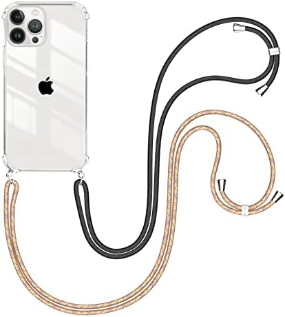 Caslord Crossbody Case for iPhone 12/12 Pro 6.1, Necklace Mobile Phone Cover with 2 Adjustable Lanyard Straps, Transparent Soft TPU Lanyard Case with Neck Cords (Black+Golden Pink)