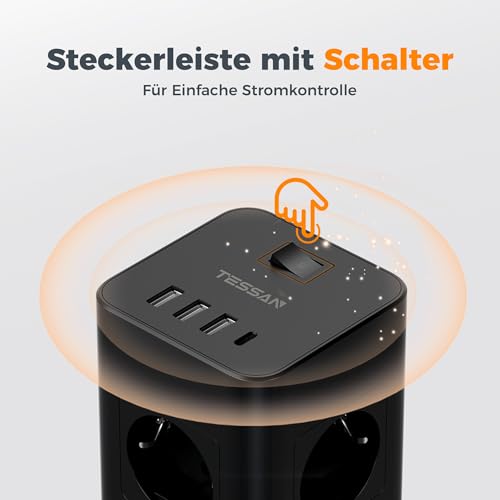 TESSAN Listwy zasilające, ochrona przed przeciążeniem, 8 gniazd, z 3 USB A i USB C, listwa zasilająca pionowa z przełącznikiem, przedłużacz 10 metry, złodziejka 3600 W, czarny