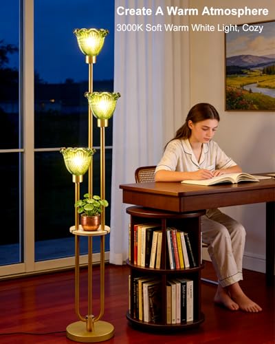 Image of Lightdot Green Glass Floor Lampfor Living Room Gold Floor Lamp with Glass Shade & 3000K Bulbs Included 3-Lights Modern Tall Standing Lamp with 5Lbs Heavy Base for Bedroom /Sofa Beside /Corner Decor