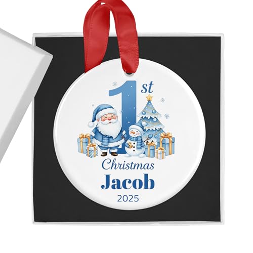 Personalised Baby Boy's First Christmas Bauble with Gift Box - Santa & Tree Scene - Custom Name & Year - Ceramic Tree Ornament Decoration Keepsake Gift for My 1st Xmas