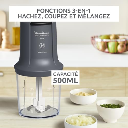 Moulinex Moulinette Hachoir électrique Capacité utile 500 ml 2 vitesses Intuitif Émince Hache Mixe Accessoires compatibles lave vaisselle Fabriqué en France AT711B10 - vue 2