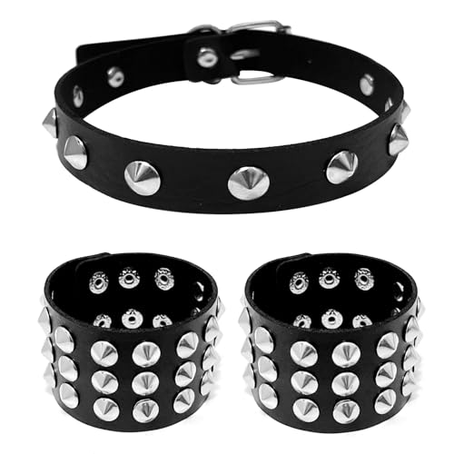 Tosmifairy Studded Leather Choker Necklace and Bracelets Set for 80s 90s Vintage Women Men Punk Rock Emo Goth Jewelry Scene Costume Accessories 3 Row Cone Round Studs
