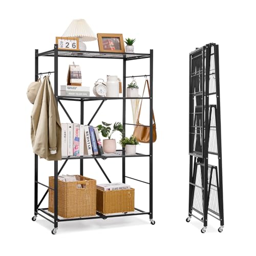 Image of VEVOR 4-Tier Foldable Storage Shelf, 36W x 21D x 60H Inch Folding Metal Rack Shelving Unit, No Assembly Organizer Shelf with 5 Wheels & 4 Hooks for Pantry, Kitchen, Garage, Basement, Black