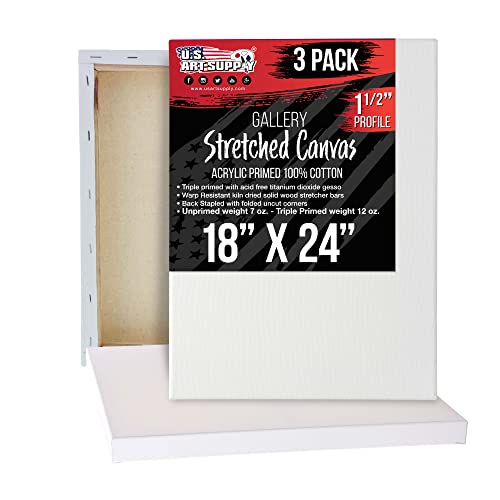 U.S. Art Supply Large Stretched Canvas for Painting 18x24 inch Gallery Depth 1-1/2" Thick, 3-Pack - 12oz Acrylic Gesso Triple Primed, Professional Artist Quality, 100% Cotton - Oil, Pouring Paint