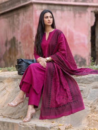 Image of GoSriKi Kurta Set Women Viscose Solid | Kurti Set Woman | Kurta Narrow Pant Dupatta 3 Piece Outfit | Round Neck V-Slit 3 /4 Sleeve Straight Fit Ethnic Wear Ladies Dress Stylish Traditional Clothing