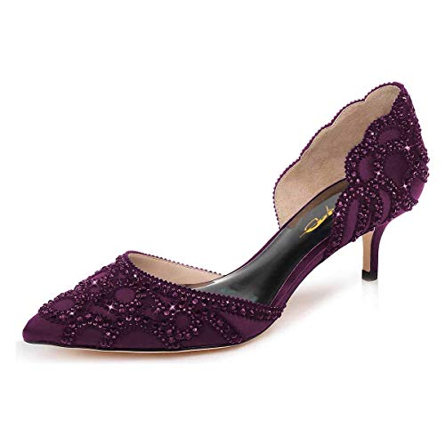 Image of XYD Women's Pumps, Elegant Pointed Toe, D'Orsay Kitten Low Heels, Rhinestone Studs, Slip-On Satin Shoes for Wedding