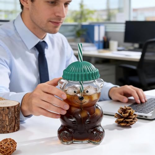 Image of NYRWANA Bear Glass Cup with Straw & Lid | 20oz (600ml) Cute Bear Glass Tumbler | Reusable Straw | Leak-Resistant Lid | Coffee, Bubble Tea, Smoothies, Juice & Water Cup (Green)