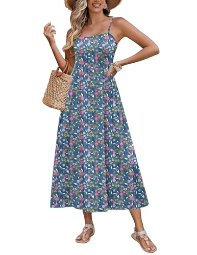 Zeagoo Casual Spaghetti Strap Dress for Women Midi Floral Print Sleeveless A Line Flowy Dress Blue Floral S