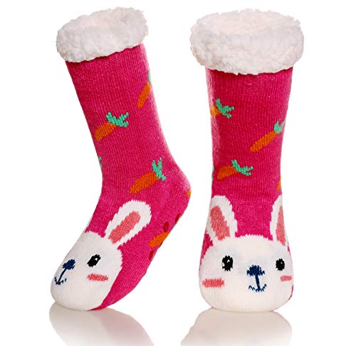 Boys Girls Fuzzy Slipper Socks Soft Warm Animal Thick Fleece Lined Christmas Stockings Child Kids Toddler Winter Home Socks (Rabbit, 5-8 Years)