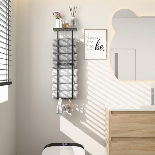 2-Tier-Wall-Mounted-Towel-Rack-with-Hooks-Shelf-Black-Metal-Towel-Holder-for-Small-Bathrooms-Standard-Version