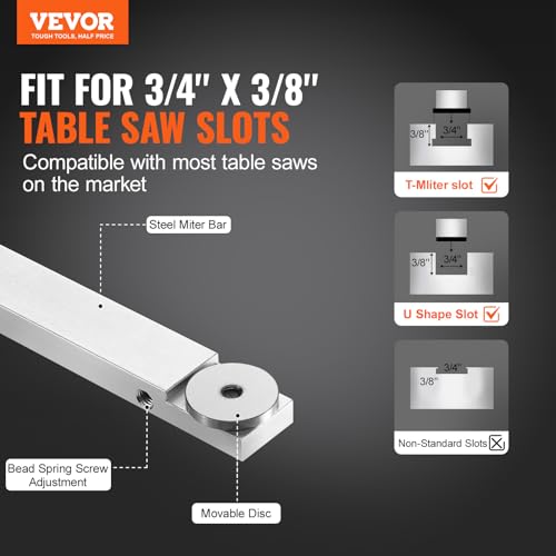 Image of VEVOR Precision Miter Gauge, Standard Slot 3 /4'' x 3 /8'', Aluminum Alloy Table Saw Miter Gauge with 19-35 in Grating 15 Angle Stops Adjustable Spring Loaded Plunger and Removable Disc, for Woodworking