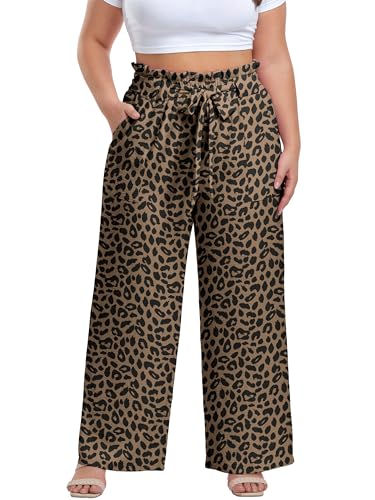 Image of OLRIK Women's Plus Size Pants Adjustable High Waisted Wide Leg Palazzo Pants Casual Trousers with Pockets Spring Clothes