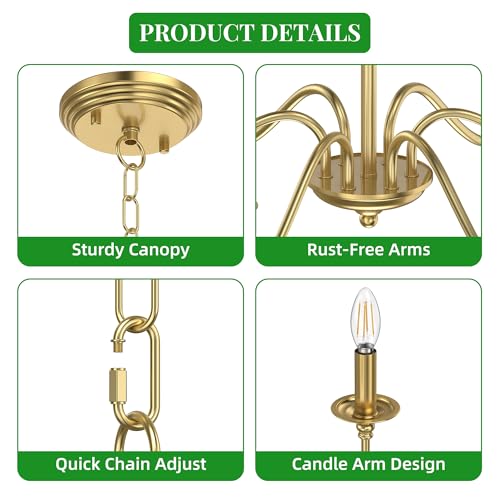 Image of Rustic Farmhouse Candle Chandelier for Dining Room, 6-Light Rustic Black Iron Light Fixture with Classic S-Arm Design for Kitchen Island, Living Room, Foyer-Brass Gold