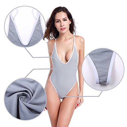 SHEKINI Women's High Cut One Piece Backless Thong Swimsuits (XS, Grey - A)