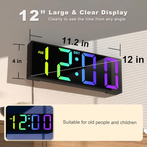 Image of JALL 12'' Digital Wall Clock Large LED Display, Wall Clock with Remote Control, 8 RGB Colors, Auto DST, Night Light for Classroom Living Room, Gym, Classroom Decor, Xmas Birthday Gift for Senior
