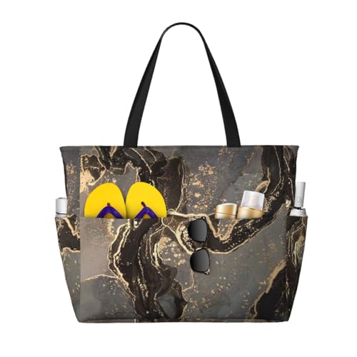 Sac à bandoulière pour femme grand sac de plage marbre or noir cabas