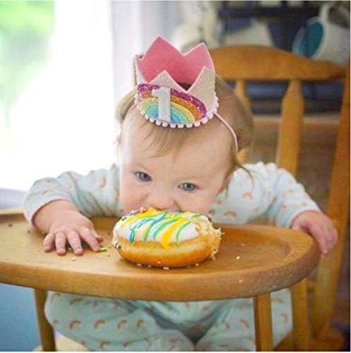RONGRONG Rainbow Crown Hat Pink Birthday Party Crown Headband Glitter Crown for Baby Girls first Birthday Celebration