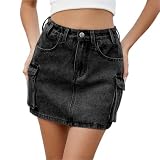 UALXPAO Gonna in Jeans da Donna Retro Multi-Pocket Denim Skirt Women Summer High Waisted Slim Bodycon A-Line Cargo Mini Skirts(Color 1,L)
