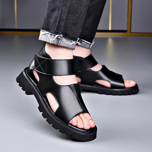 Men's Genuine Leather Round Open Toe Platform High Top Sandals Fashion Hook and Loop Fish Mouth Hollow Roman Sandals Summer Outdoorcasual Non-Slip Beach Walking Sandal Shoes4