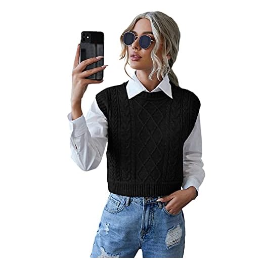 Milumia Women's Casual Cable Knit Sweater Vest Sleeveless Round Neck Crop Tank Top Black Medium