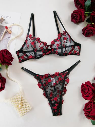 Image of Lilosy Sexy Floral Embroidered Mesh Sheer Underwire Lingerie Set