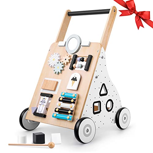 Best Deals! Wooden Baby Push Walker, Pull Learning Activity Walker Baby Walking Toy with Wheels Infa...