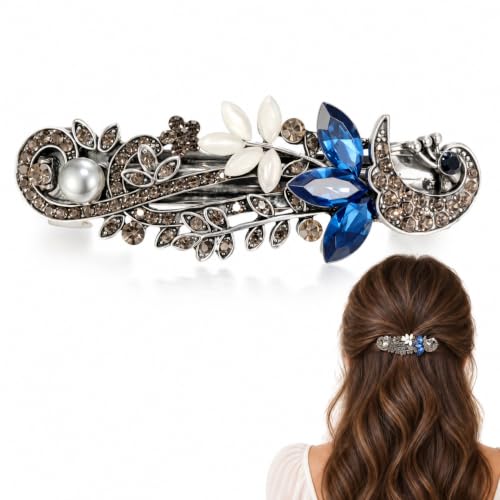 Soumimi Dark Blue Crystal Floral Hair Barrette with Pearl for Women