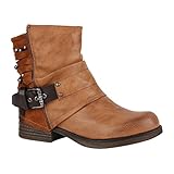  Leicht Gefütterte Damen Stiefel Biker Boots Schnallen Stiefeletten Schuhe 150220 Hellbraun Nieten Avelar 37 Flandell