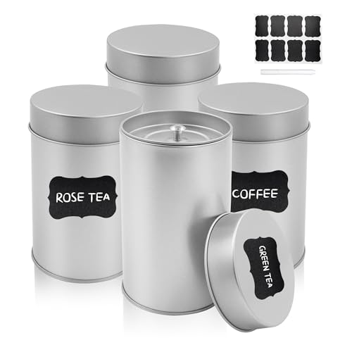 Wenfubrixa 4 Pack Round Tea Canisters, 13.5 Fl OZ Tea Tin with Airtight Dual Lids, Metal Container with 1 Whiteboard Marker and 8 Labels for Loose Tea Coffee Sweets Herbs Spices (4 Pcs)
