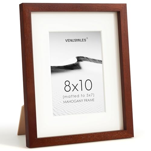 Image of 8x10 Picture Frame, USA-Sourced Natural Mahogany Wood Photo Collage Frame with HD Tempered Glass, Modern Simple 8 x 10 Wooden Frame Matted to 5x7, Gallery Wall Frames for Art, Wall or Tabletop Display