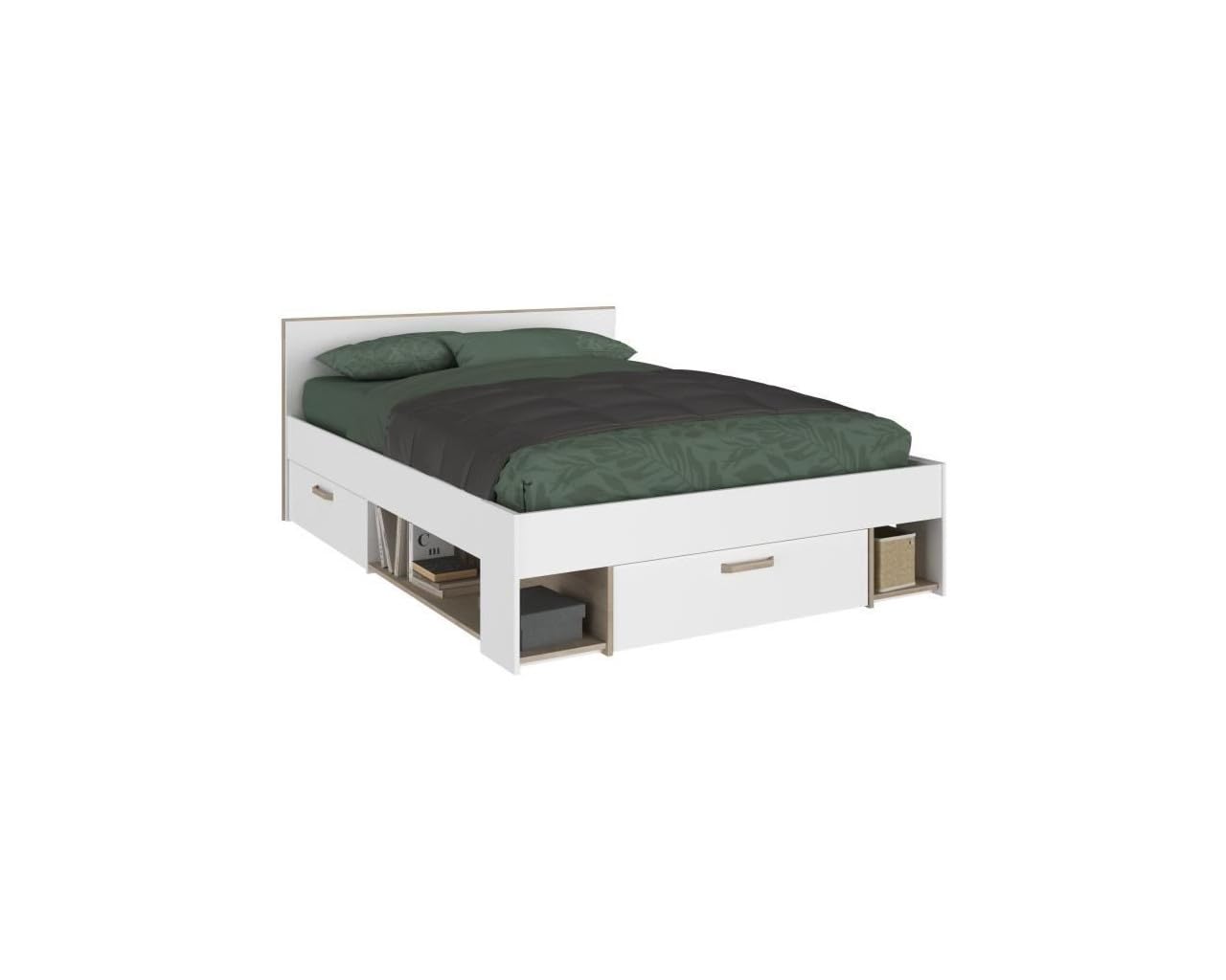Chambre complete adulte DREAM : Lit 140x190/200 cm + 2 chevets + Commode - Décor blanc et chene - PARISOT