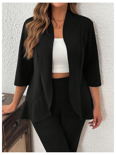 SOLY HUX Women's Plus Size 2 Piece Outfit Open Front 3/4 Sleeve Blazer and Pants Business Casual Set3