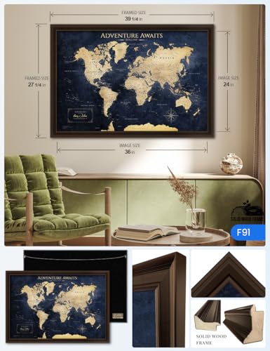 Image of IPIC - Personalized Framed World Map for Wall Decor, Large Pinnable World Map to Mark Travels, Custom Artwork with Names, World Travel Map for Home, Office, Study, and RV, Ready to Hang