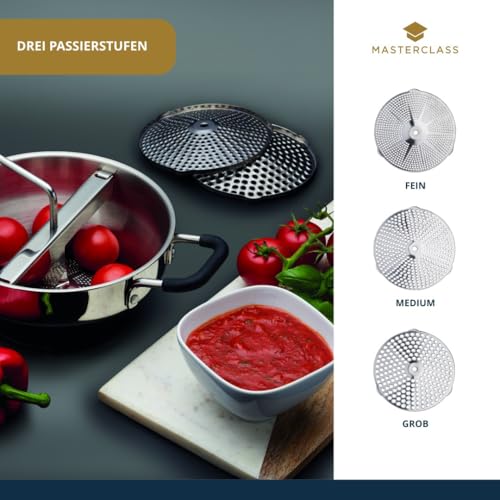 Foto von MasterClass Lebensmittelmühle, Pürierstab, manuelle Lebensmittel- und Gemüsemühle, Edelstahl, 43,5 x 21 x 19,5 cm, Silber